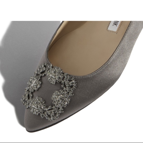 Manolo Hangisi Grey Satin Jewel Buckle Flats - Picture 3 of 8
